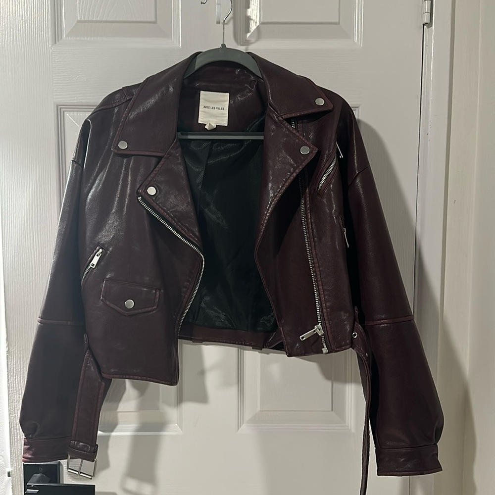 Avec Les Filles burgundy cropped moto jacket - faux vegan leather